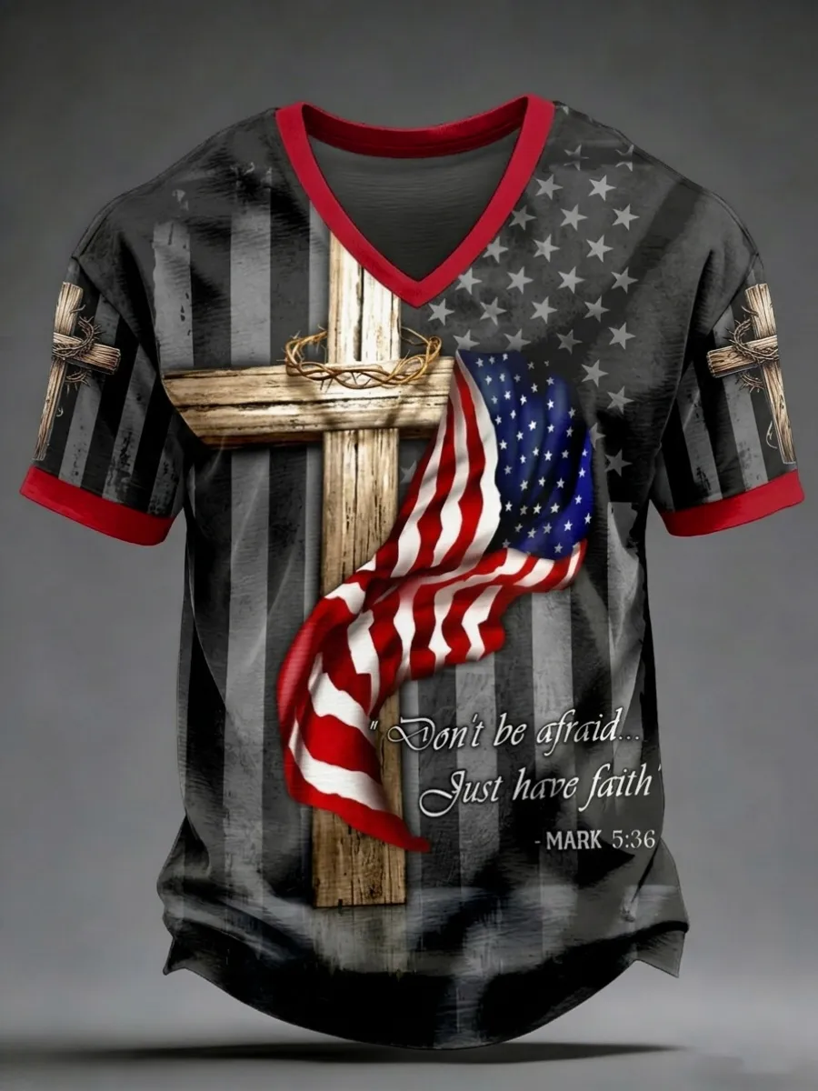 U.S. Flag Faith Print Men's V Neck T-Shirt