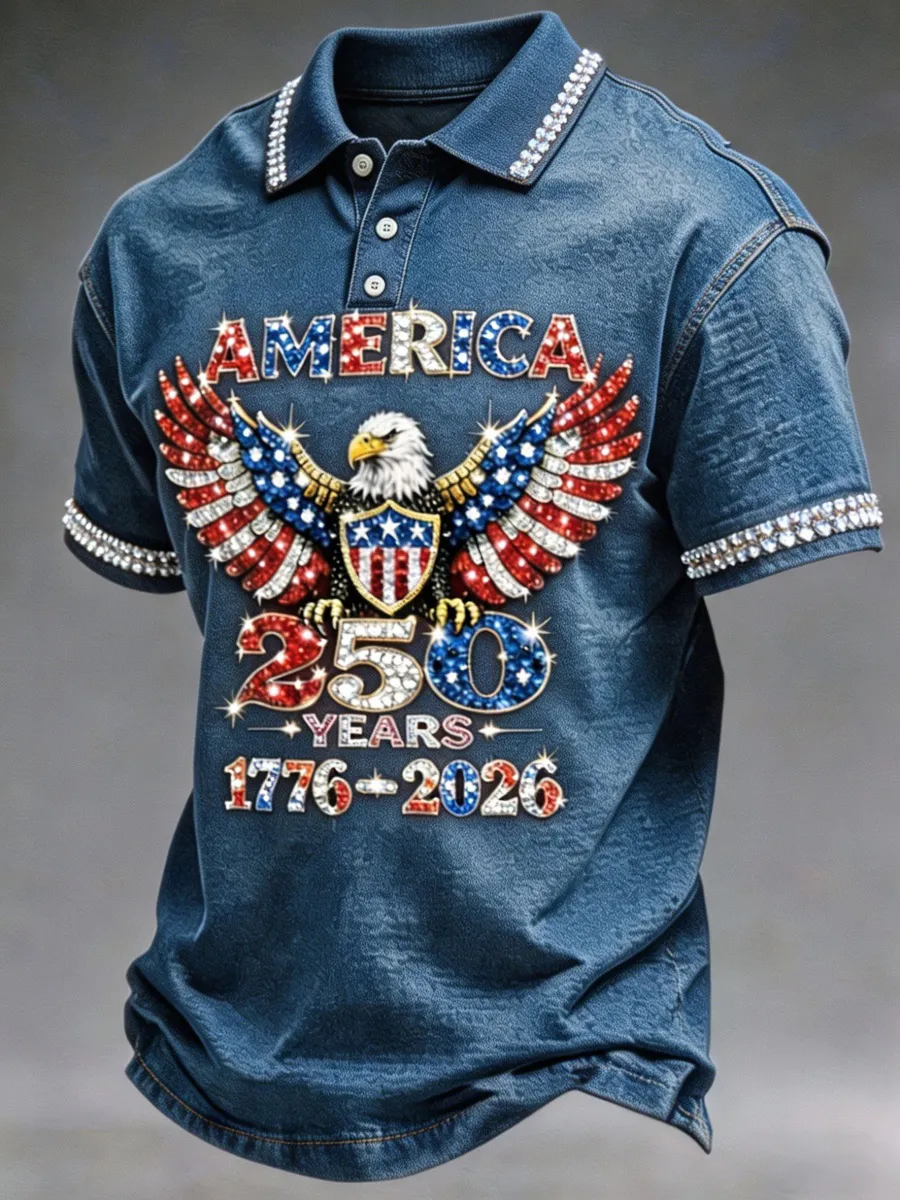 American 250th Anniversary Rhinestone Design Men's Polo Shirt
