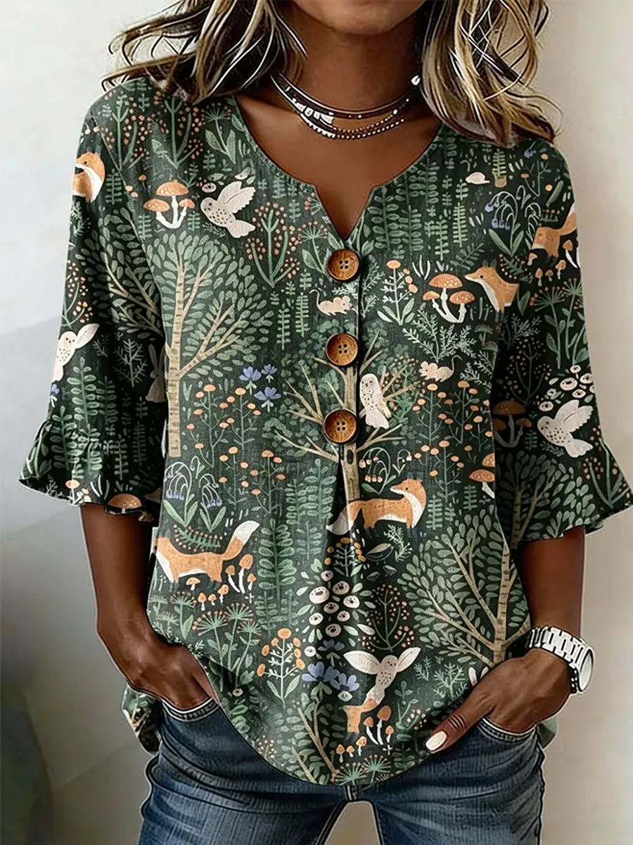 Women's Retro National Park Design Lapel Shirt