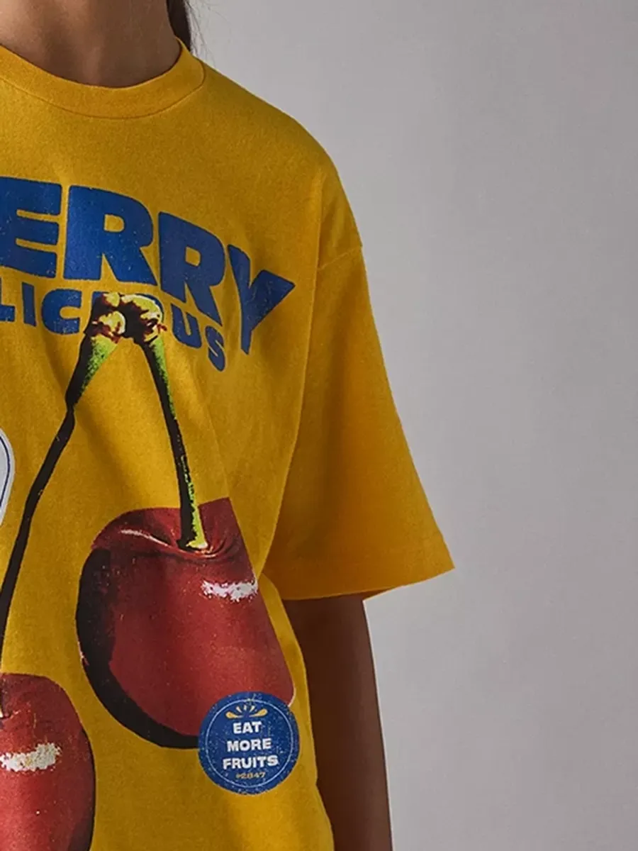 Yellow Cherry Print Loose T-Shirt