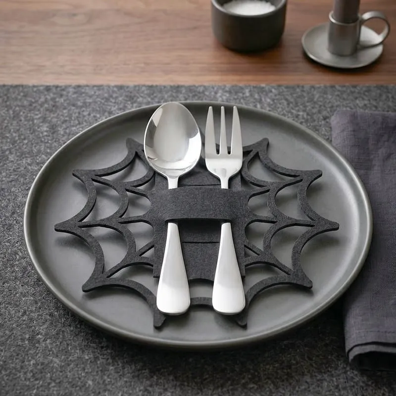 Halloween Spider Web Bat Cutlery Bag Black Felt Cutlery Bag