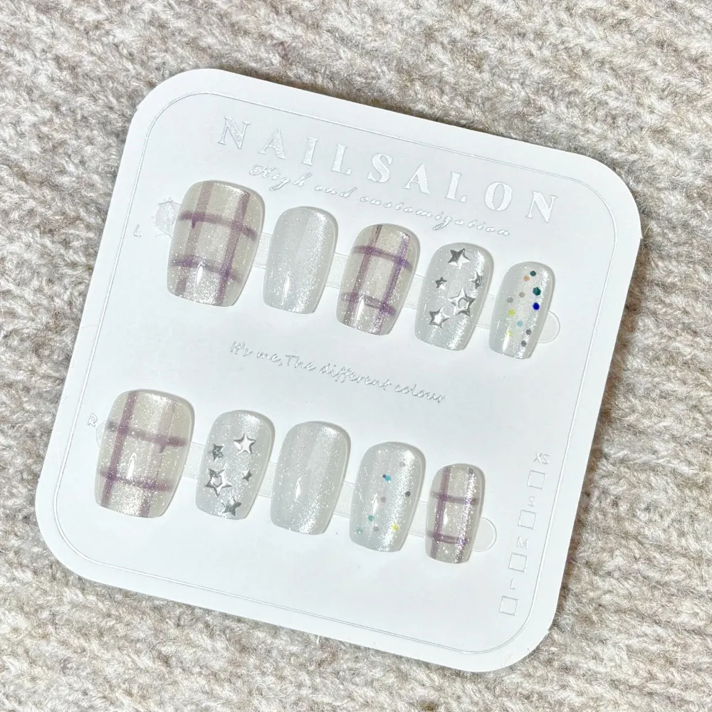 Nailhour 30Pcs Silver White Checkered Medium Square French Press On Nails