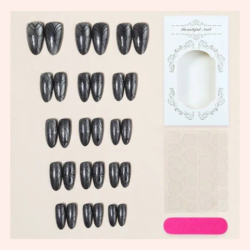 Nailhour 30Pcs Cat Eye Black Gothic Long Almond Press On Nails