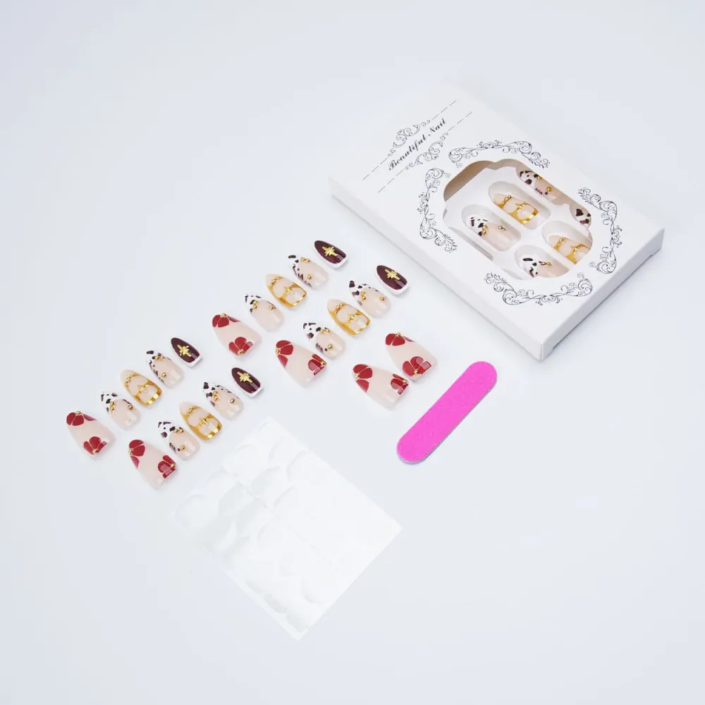 Nailhour 30Pcs Gilded 3D Leopard Print Medium Almond French Press On Nails