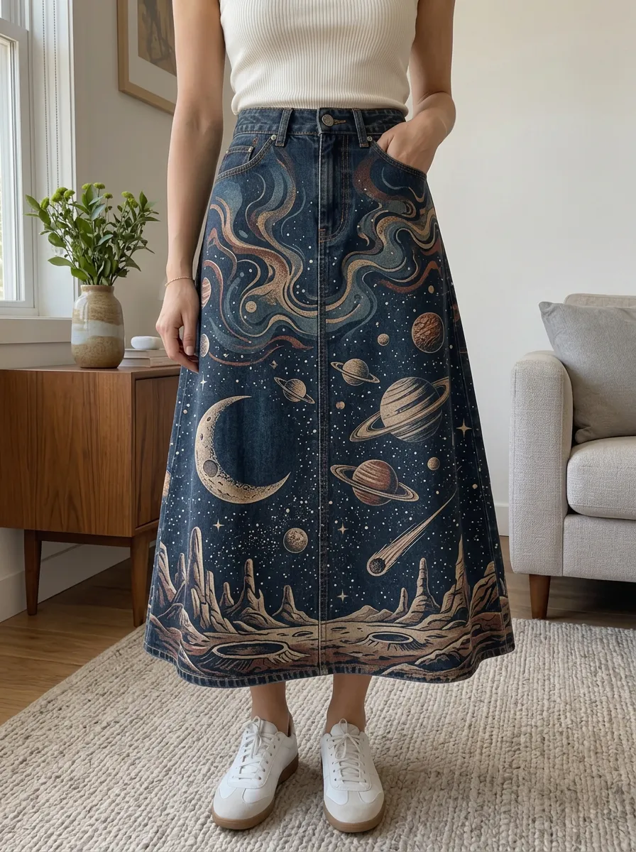 Women's Space Lover Galaxy Moon Planet Printed Denim Skirt
