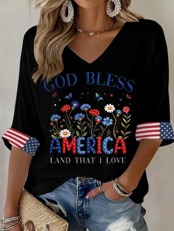 Women'S Retro Independence Day Art Printed Casual T-Shirt