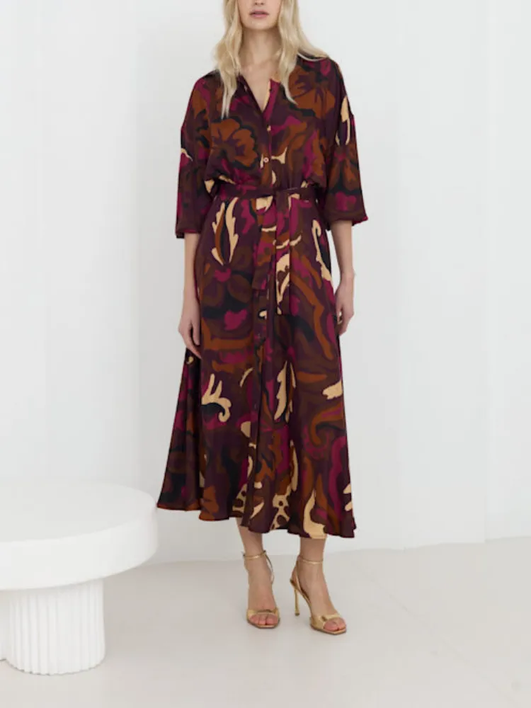 Casual Printed Half Button Midi Dress
