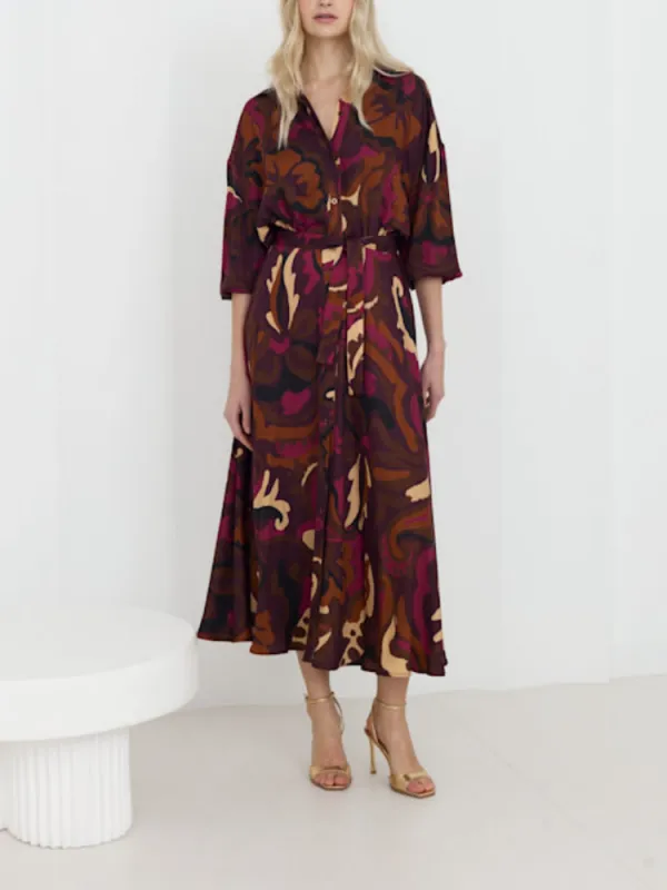 Casual Printed Half Button Midi Dress