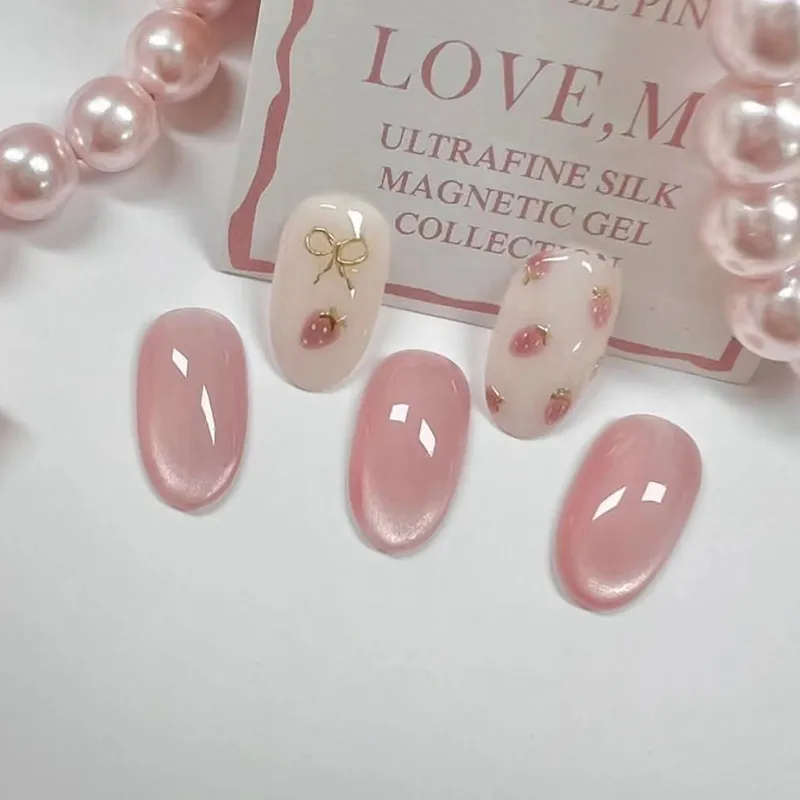 Nailhour Oval Strawberry 24Pcs Cute Short Cat Eye Press On Nails