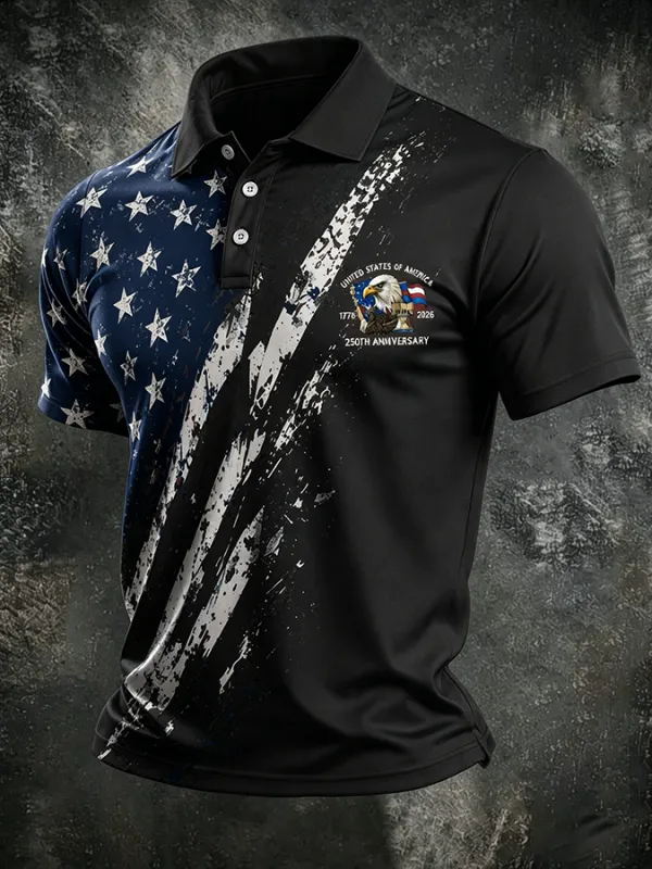 Men'S American Flag Print Casual Polo Shirt