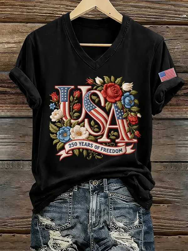 Women's 250th Anniversary Freedom Print V-Neck T-Shirt