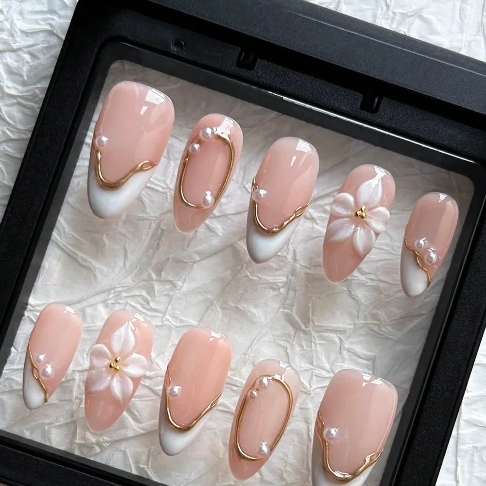 Nailhour 10Pcs Handmade French Medium Almond 3D Gilded Press On Nails