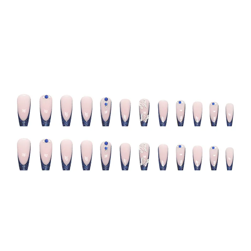 Nailhour Coffin French Blue Sparkling Butterfly 24Pcs Party Press On Nails