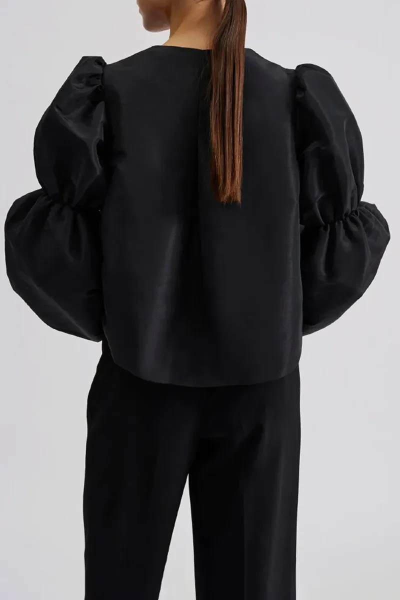 Puff Sleeve Crew Neck Black Blouses