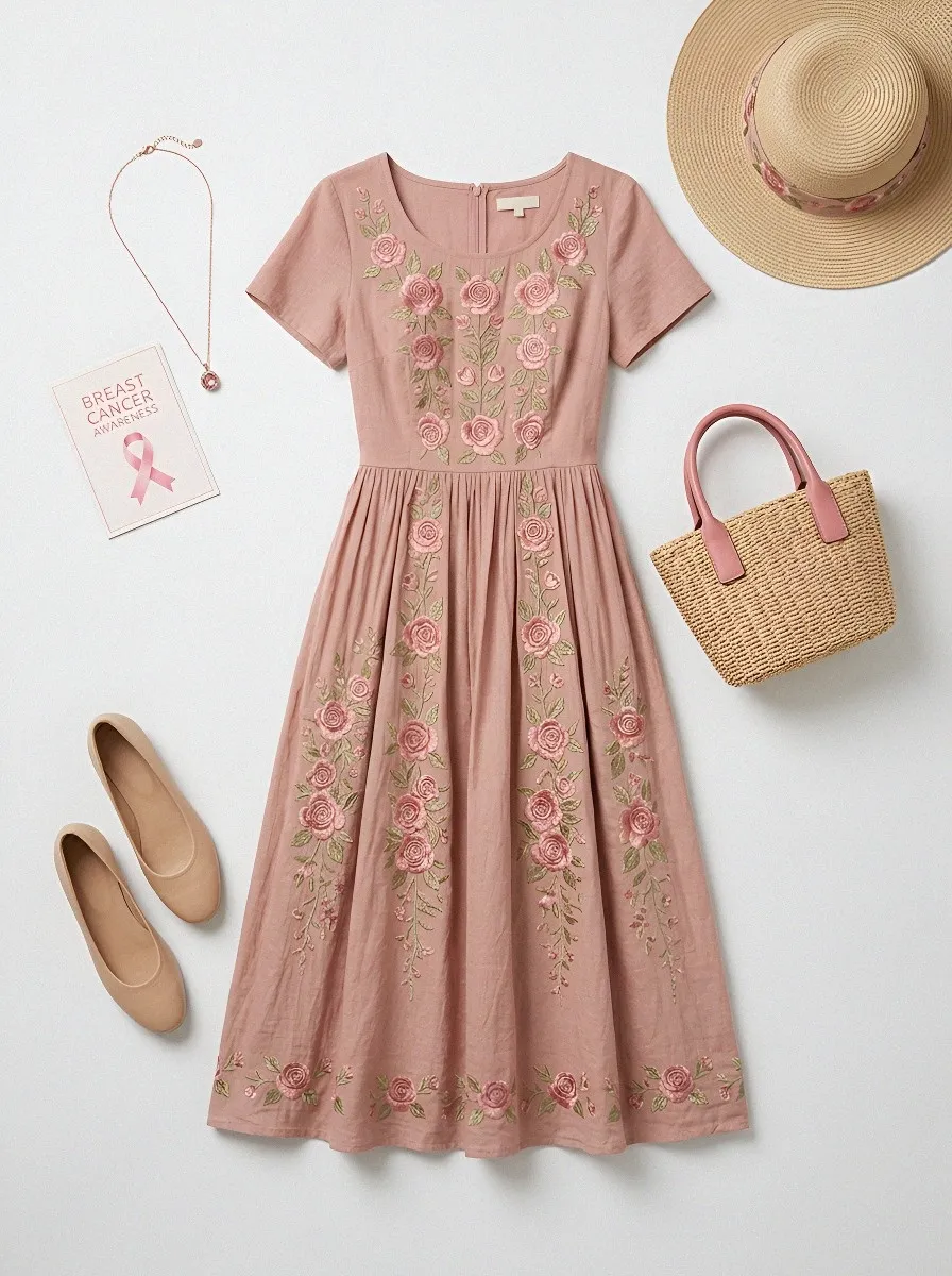 Women's Breast Cancer Awareness Rose Floral Embroidered Printed Dress