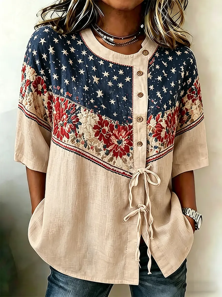 Women's 250th Anniversary American Print Cotton Linen Casual Shirt