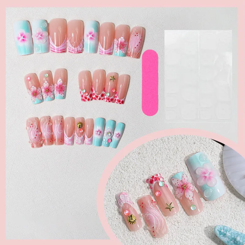 Nailhour 24Pcs 3D Floral Medium Square Press On Nails