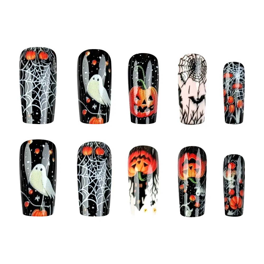 Nailhour Pumpkin Lantern Ghost Black Square Halloween 24Pcs Press On Nails