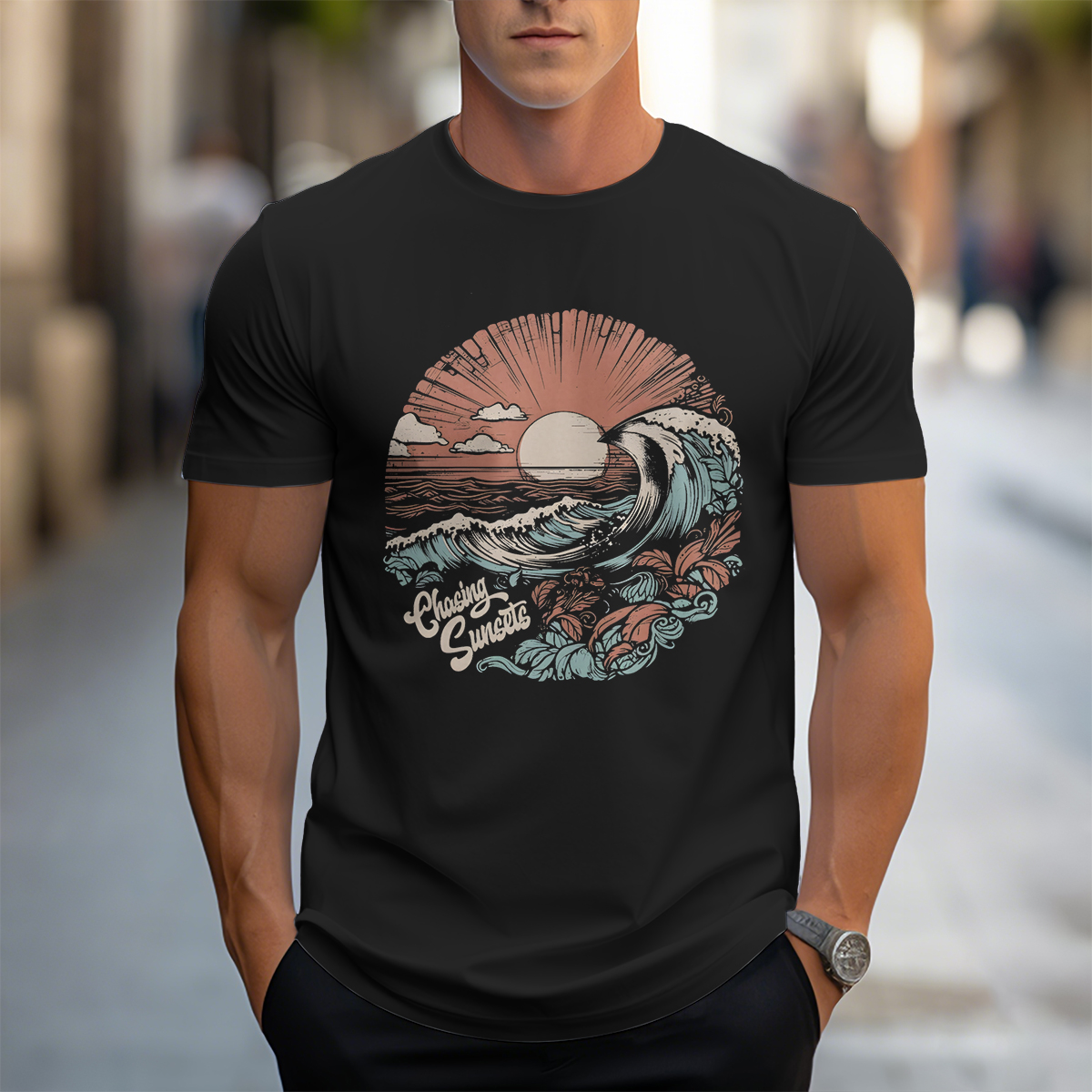 Coastal Sunset Wave Themed Graphic T-Shirt