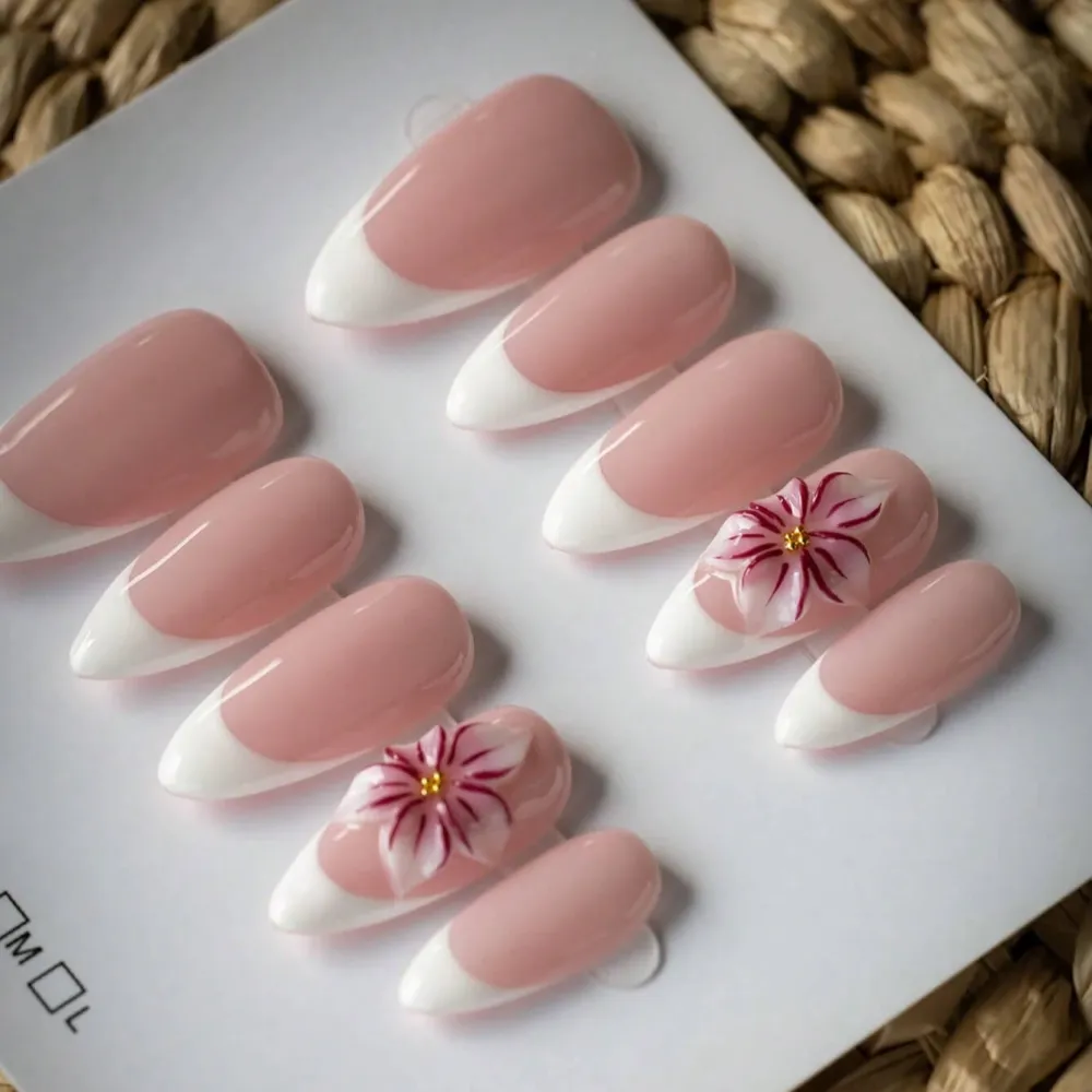 Nailhour 24Pcs French Long Almond 3D Floral Press On Nails