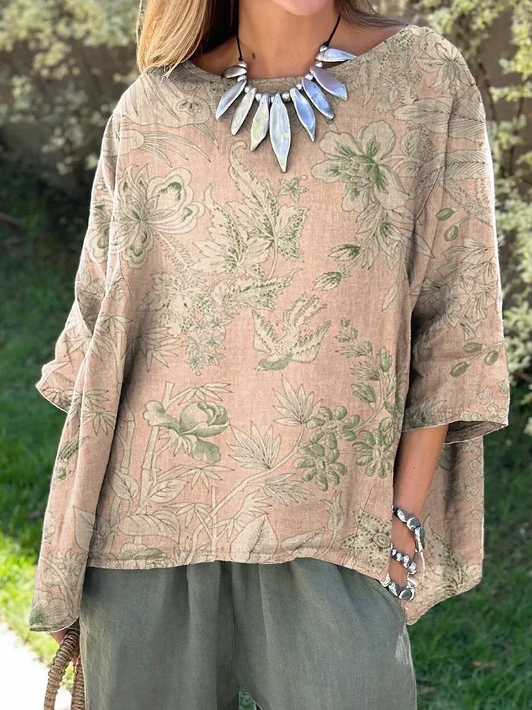 Women's Elegant Floral Print Round Neck Shirt