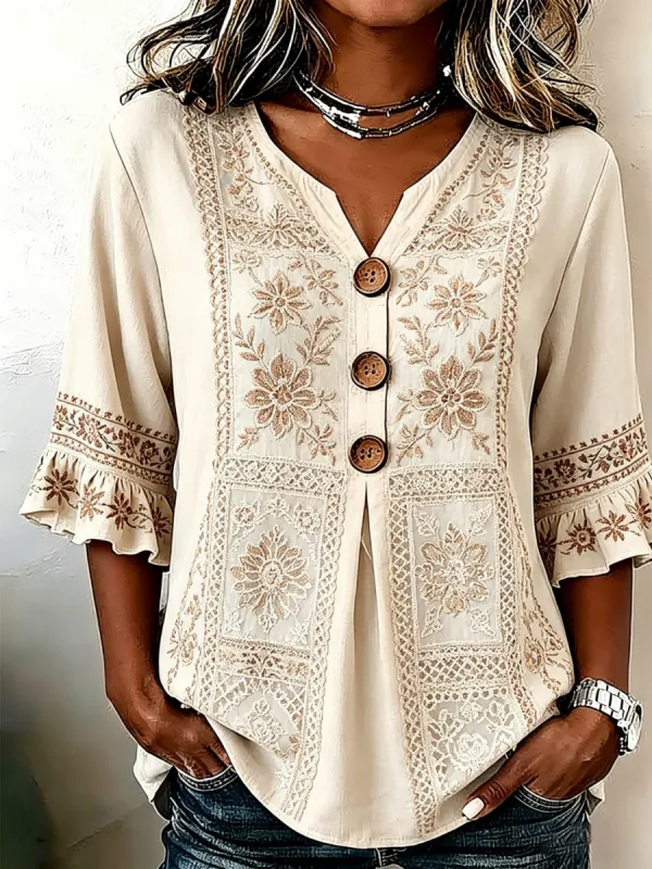Vintage Lace Floral Embroidery Design Women's Linen Shirt