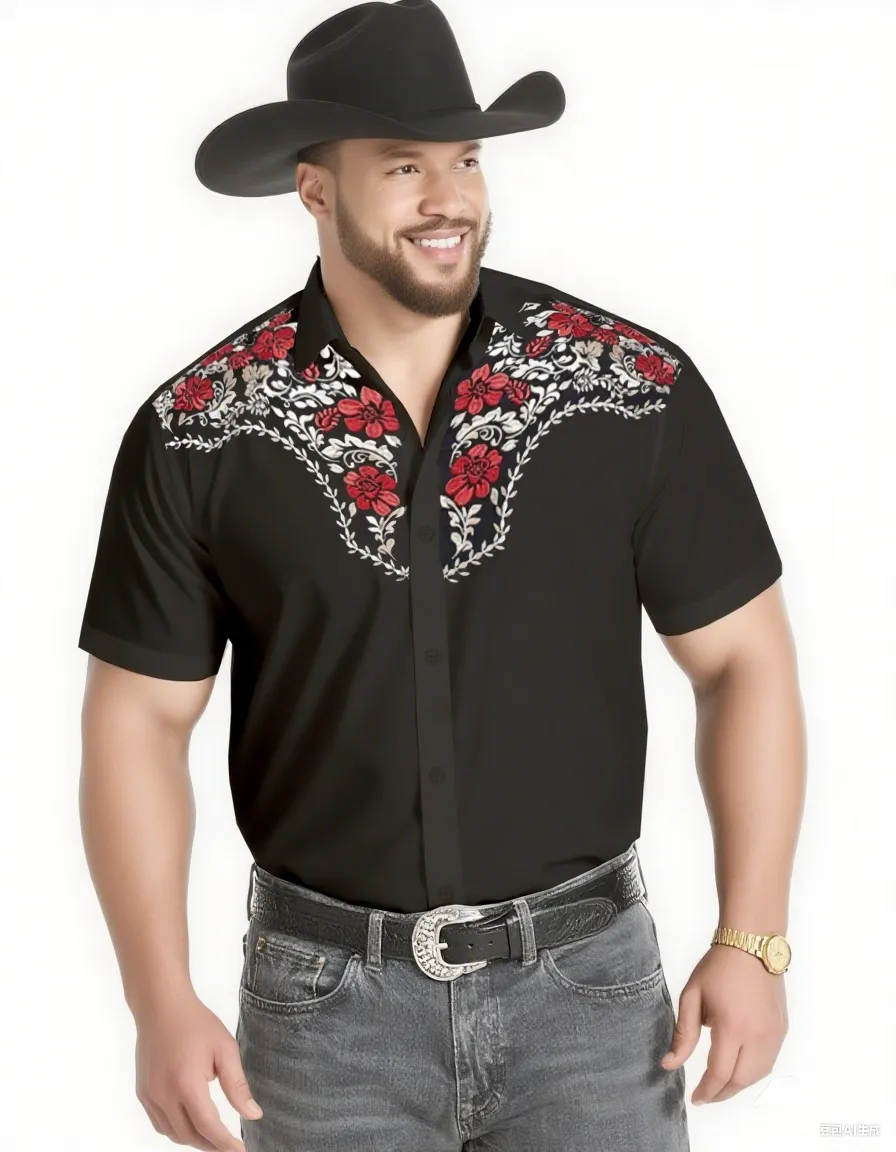 Big & Tall Men's Cattle Ranch Daily Casual Floral Design Short Sleeve Shirt