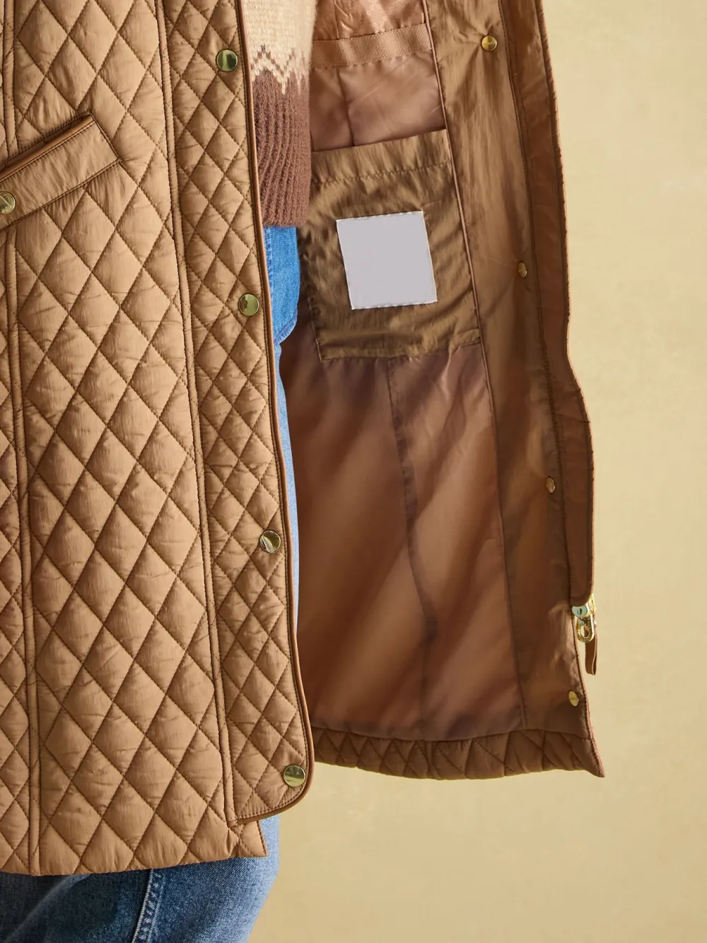 Brown Showerproof Longline Diamond Quilted Coat