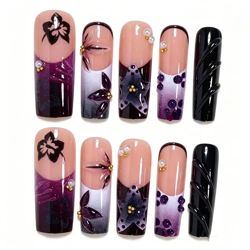 Nailhour 24Pcs 3D Purple Floral Extra Long Square Press On Nails
