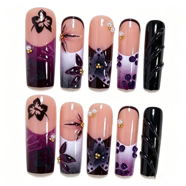 Nailhour 24Pcs 3D Purple Floral Extra Long Square Press On Nails