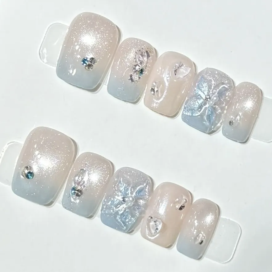 Nailhour 10Pcs Winter Glitter Blue Bow Short Square Press On Nails