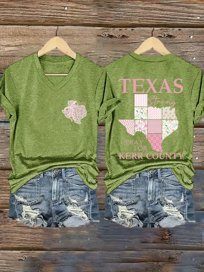 V Neck Retro Texas Strong Bow Print Pray For Kerr County Print T-Shirt