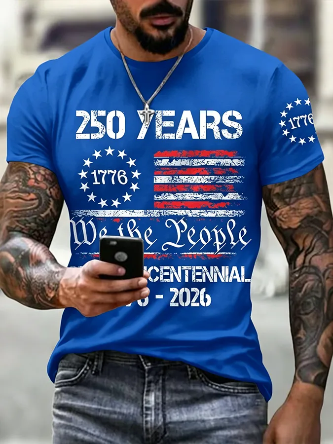 Men'S Casual 250Th Anniversary Celebration Of The Founding Of The United States, Personalized Printed Round Neck T-Shirt
