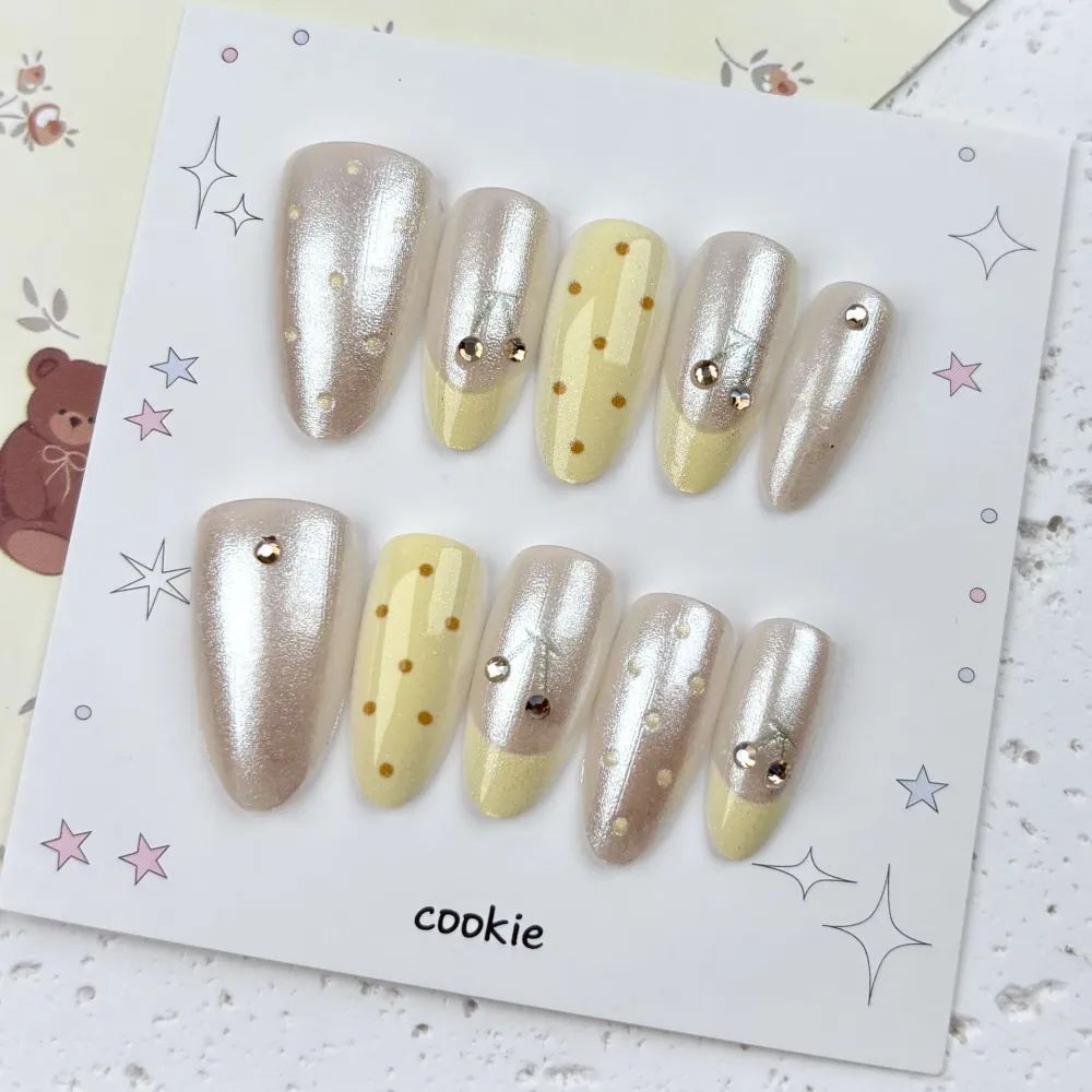 Nailhour 30Pcs Yellow Cherry 3D Medium Almond French Press On Nails
