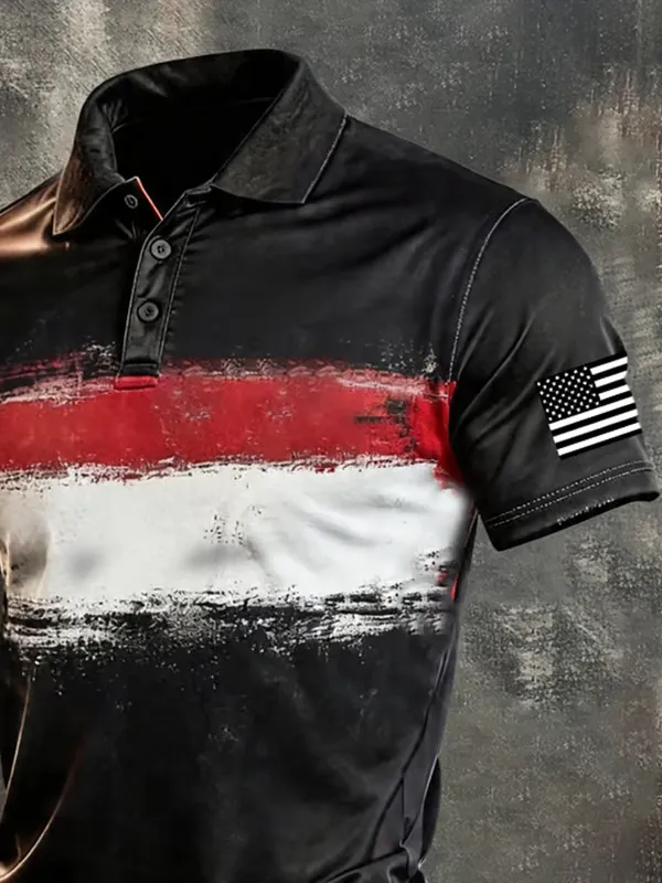 Men's Retro Patriotic Color-Block Short-Sleeve Polo Shirt