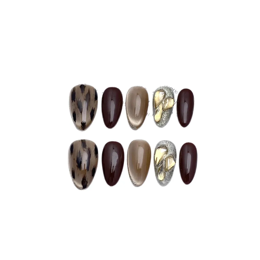 Nailhour 10Pcs Rhinestone 3D Medium Almond French Press On Nails
