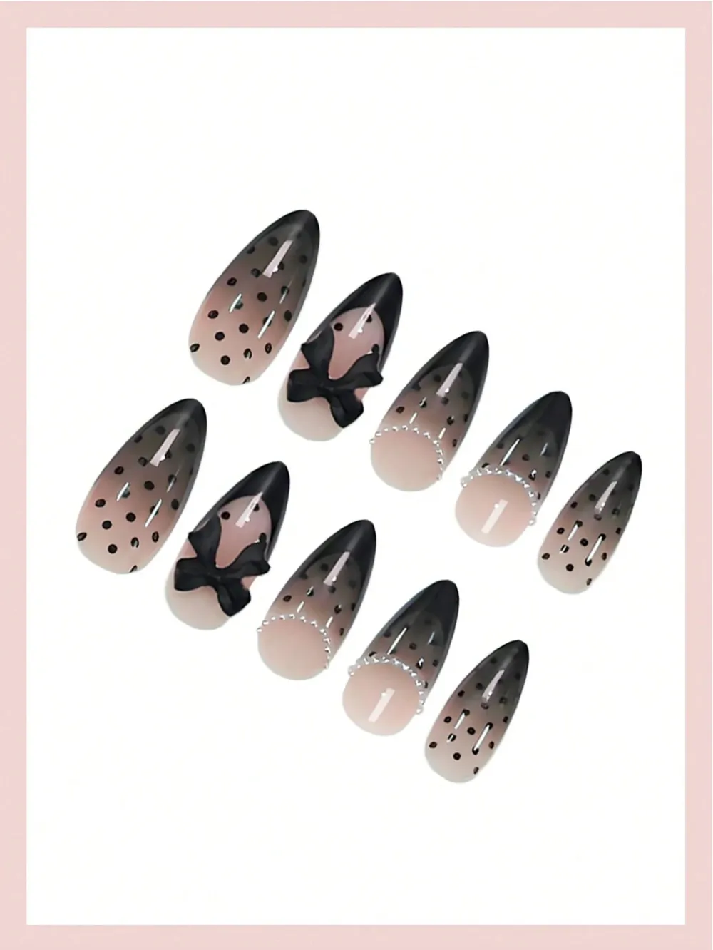 Nailhour Black 24pcs Medium Almond French Polka Dot With Bow Pearl Press On Nails