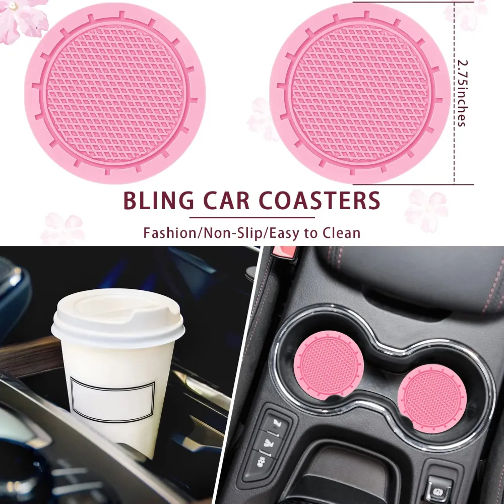 Pink Car Leather Steering Wheel Set