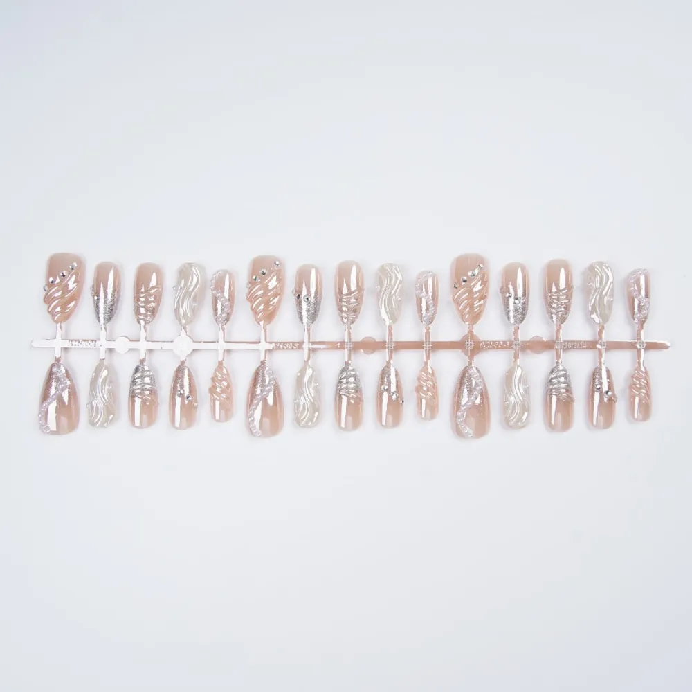 Nailhour 30Pcs White Pearl 3D Medium Almond French Press On Nails