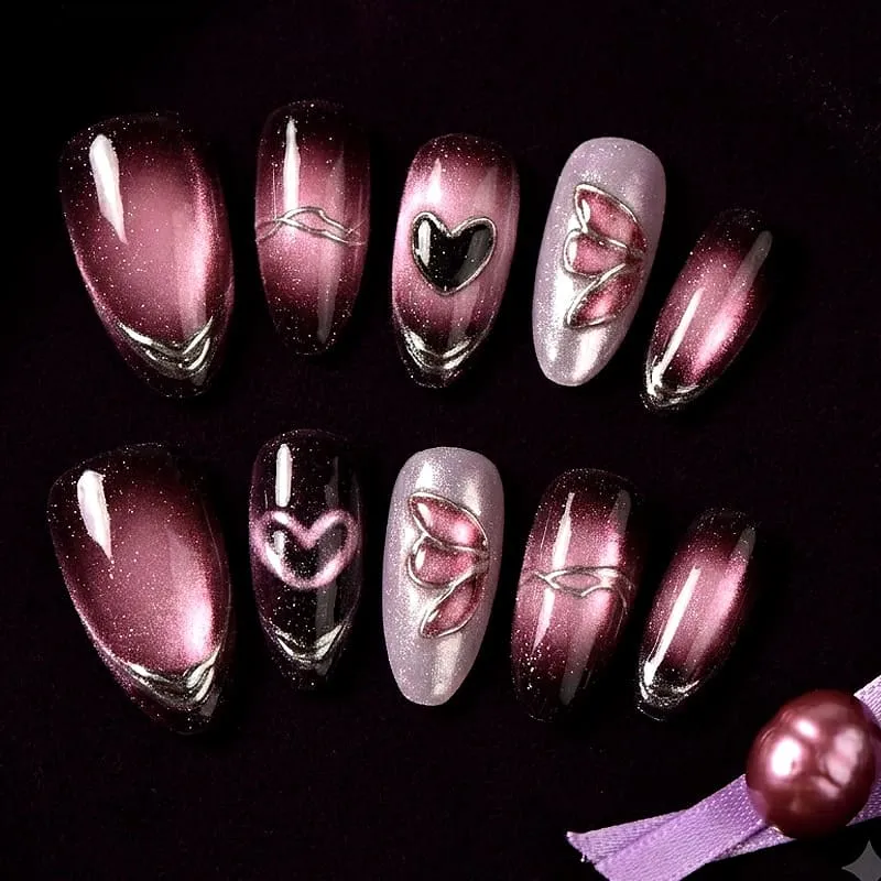 Nailhour 30Pcs Gradient Heart Medium Almond French Press On Nails