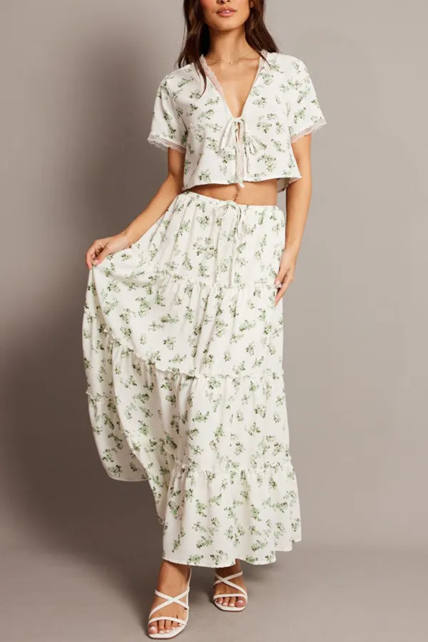 Green Floral Maxi Skirt Tiered High Rise Elastic Waistband