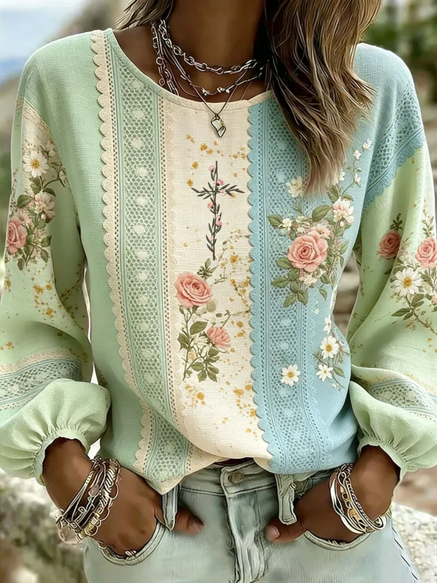 Women'S Casual Floral  Faith Print Cotton Linen Top