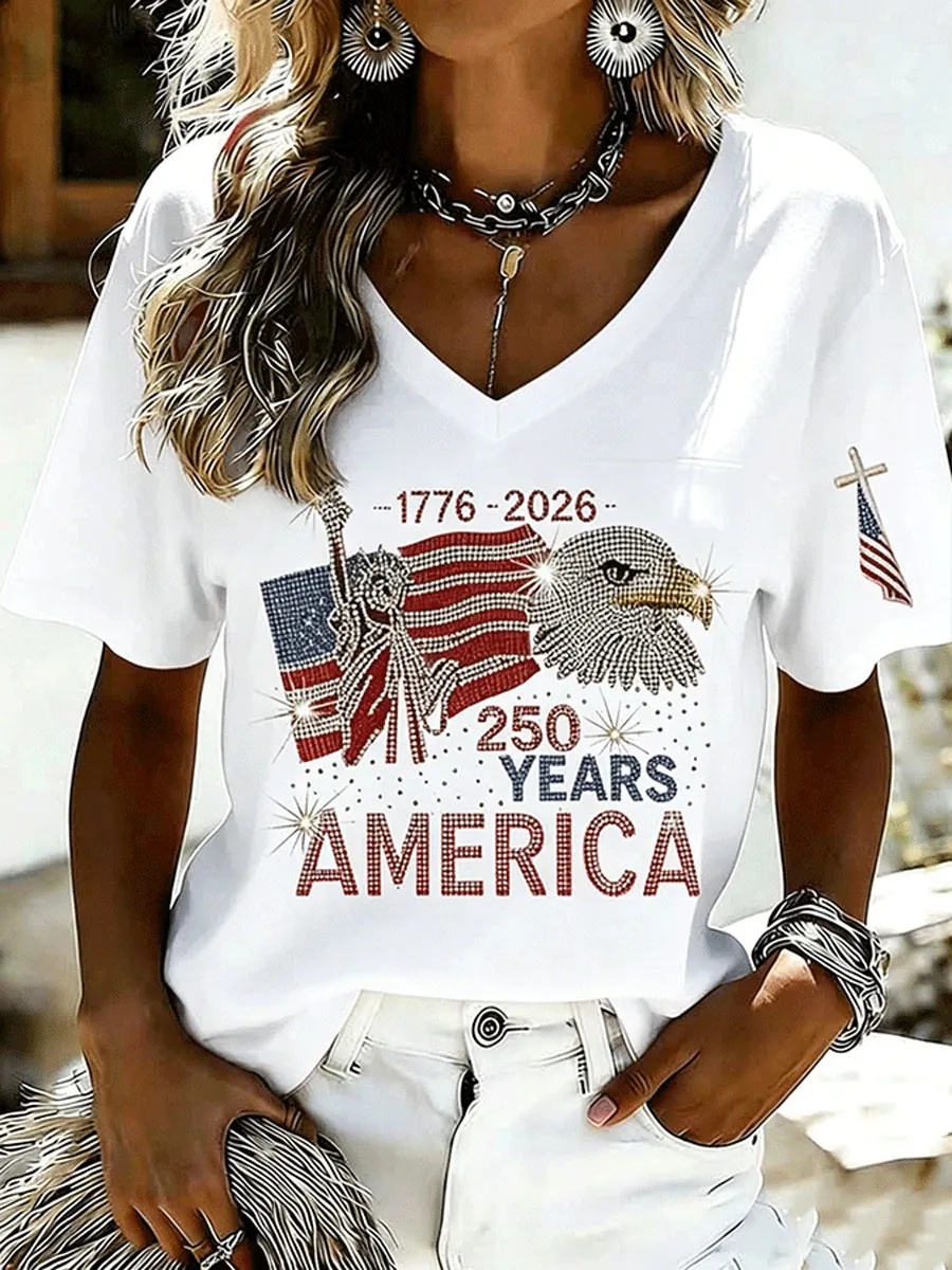 Ladies' American Flag Printed Casual Long Sleeve V-neck T-shirt