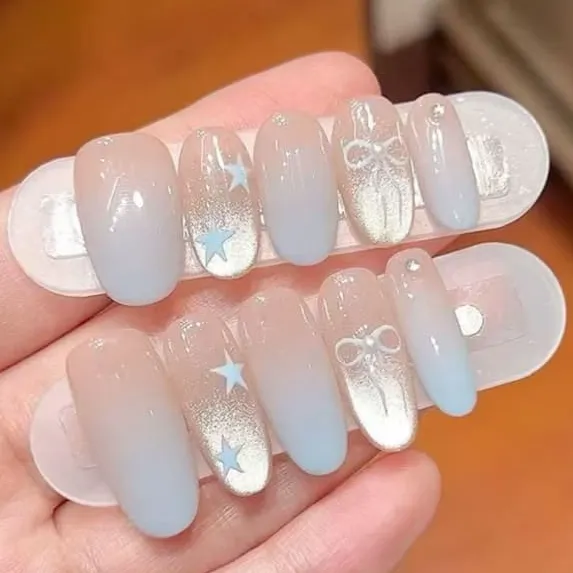 Nailhour 10Pcs Blue Gradient French Cat Eye Medium Almond Press On Nails