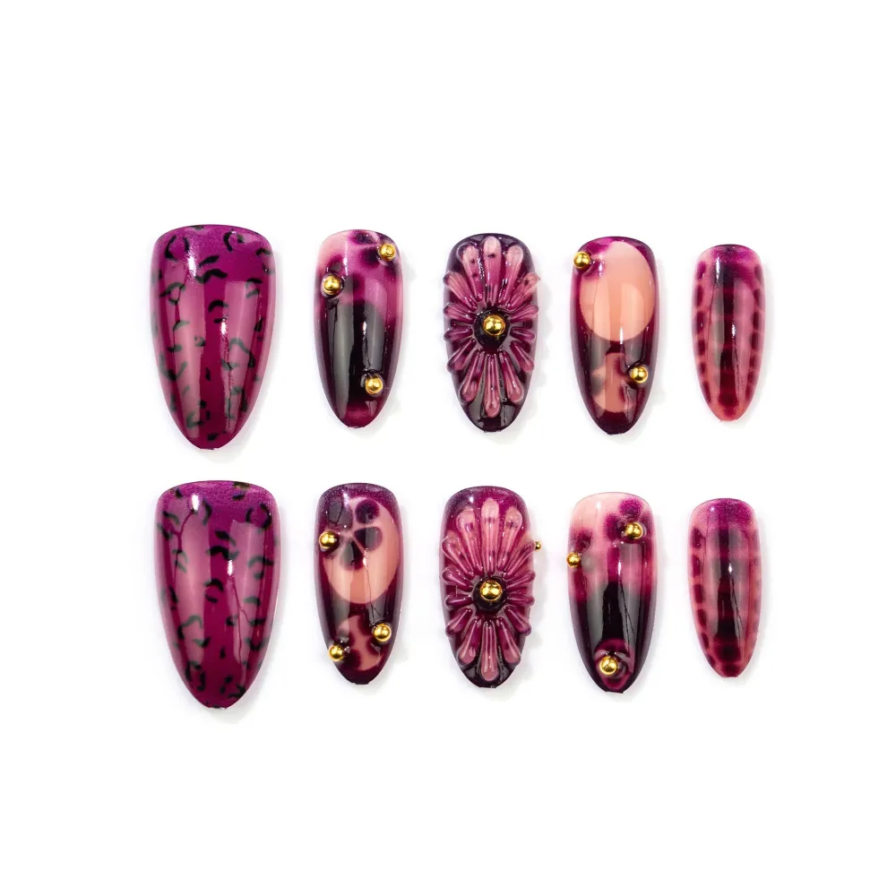 Nailhour 30Pcs Floral Purple 3D Medium Almond French Press On Nails