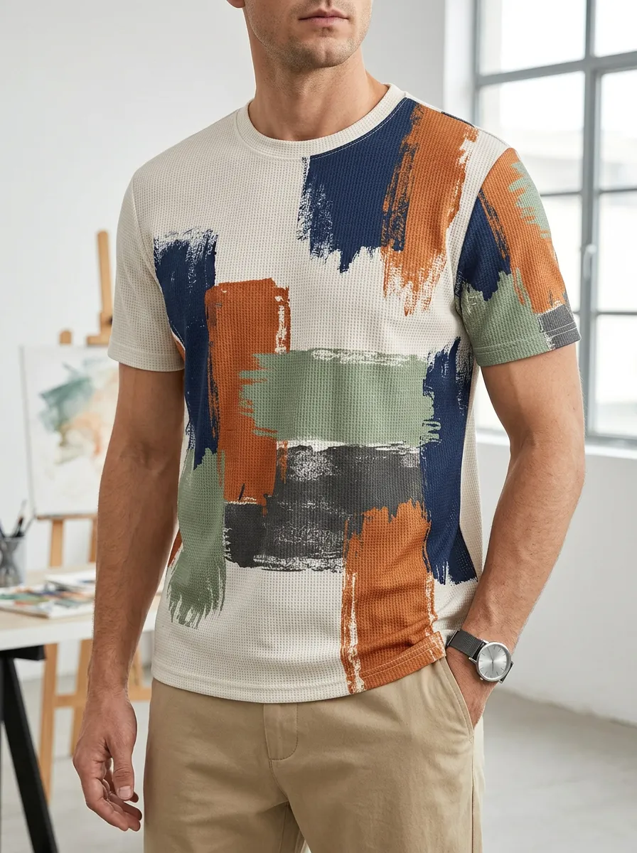 Men's Abstract Art Brushstroke Waffle Knit Contemporary Crew Neck T-Shirt