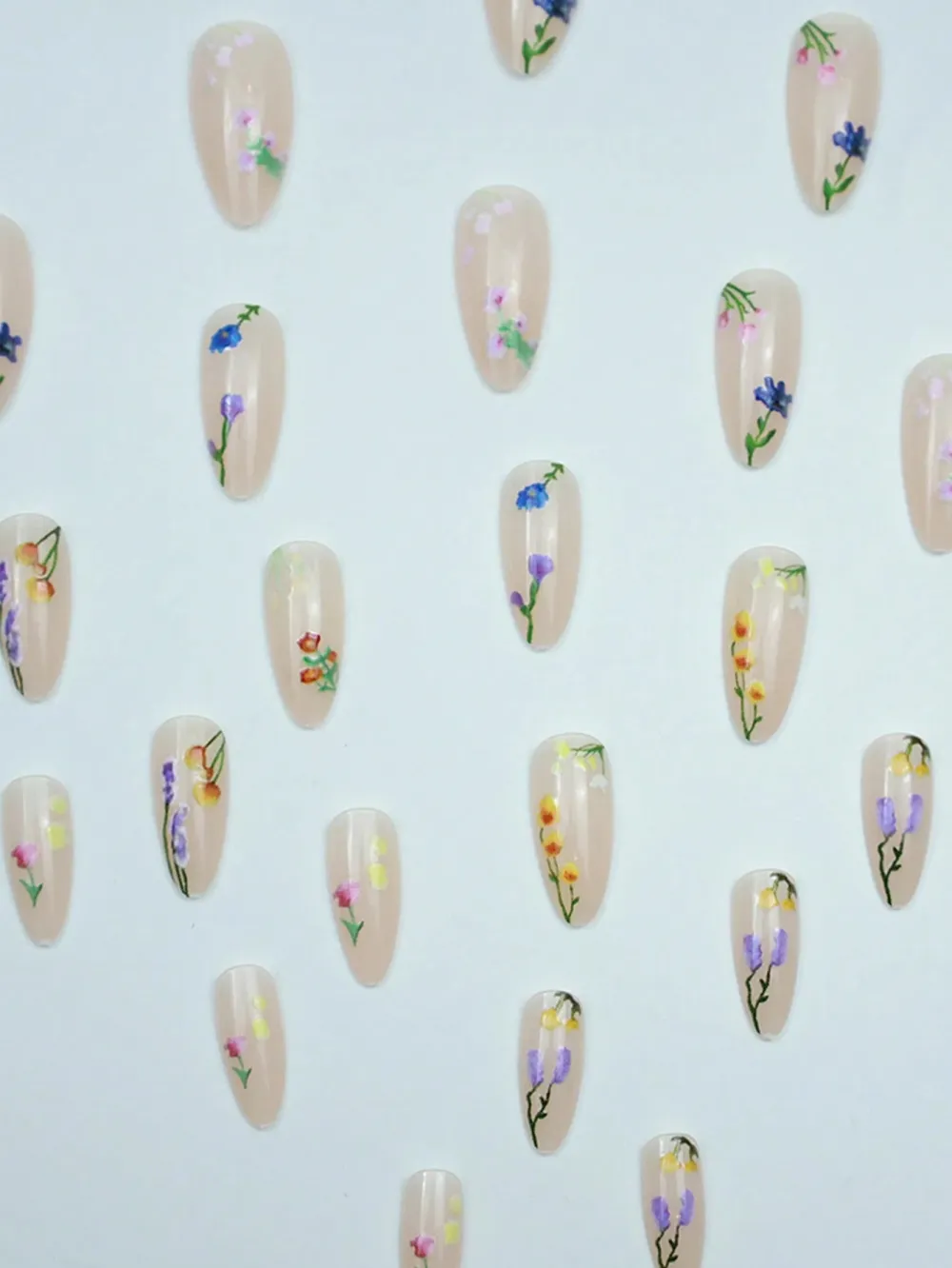 Nailhour 24pcs Fresh Nude Base And Colorful Floral Patterns Press-On Nails