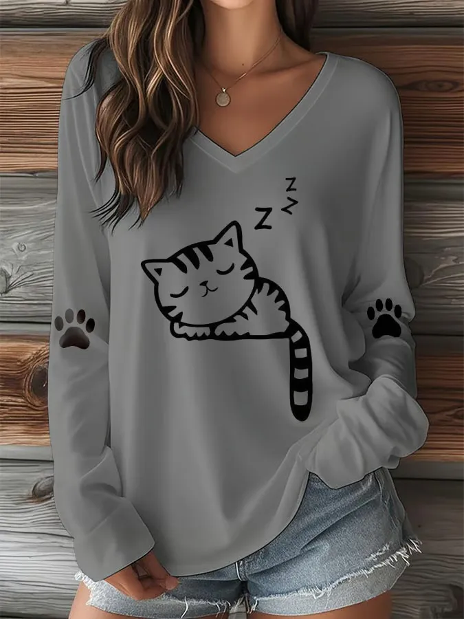 Women's T-shirt With Cute Cat Print And V-Neck And Long Sleeves