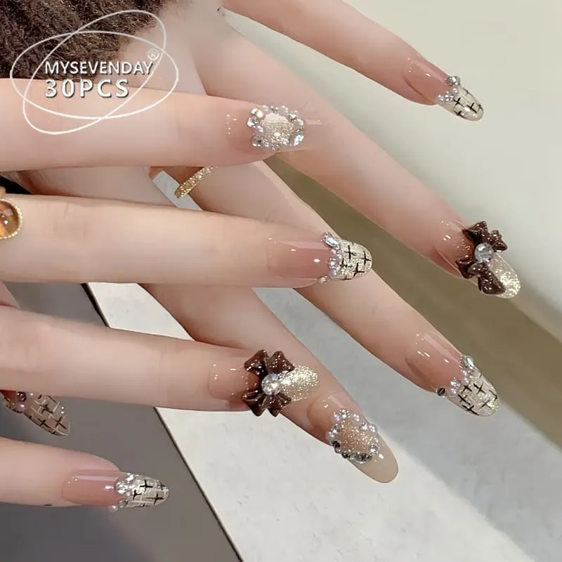 Nailhour 30Pcs 3D Butterfly Bow Medium Almond French Press On Nails