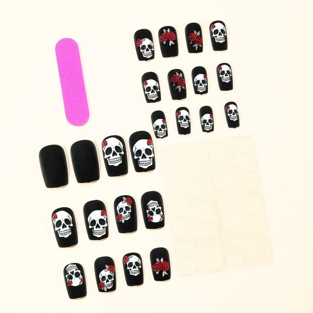 Nailhour 24Pcs Black Matte Skeleton Halloween Short Squoval Press On Nails